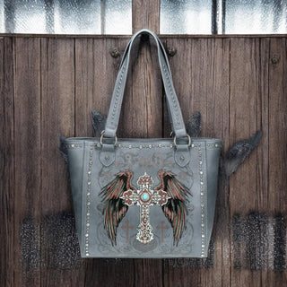 Montana West PU Leather Tote with faith-inspired embroidery and turquoise stone concho