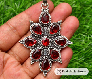 Garnet Gemstone Pendant – 925 Sterling Silver, Round Stone, 3-Inch Statement Necklace