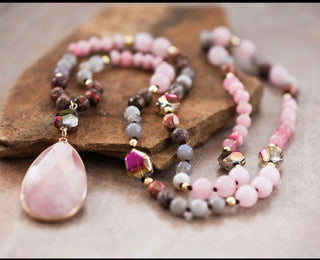 Rose quartz, beaded, necklace, Bohemian