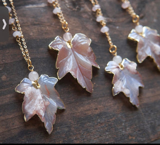 Rose quartz, leaf necklace