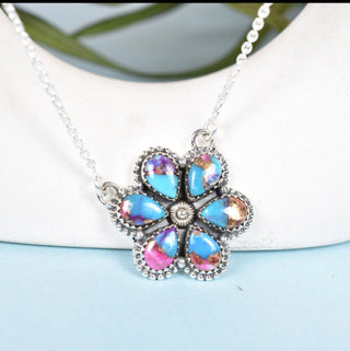 Spiny oyster, pink dahlia necklace, 925 silver