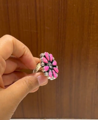 Hot Pink Opal and White CZ Ring, 925 Silver