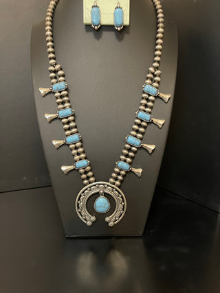 Turquoise Silver Pearl Necklace and Earring Set