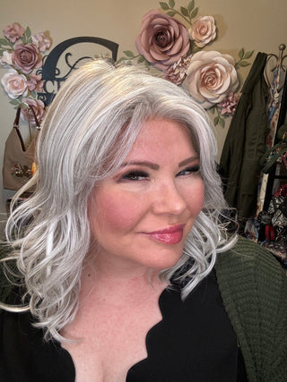 Carly Midlink salt, gray wig, front lace left side part synthetic heat safe fits head sizes 19 to 23 1/2