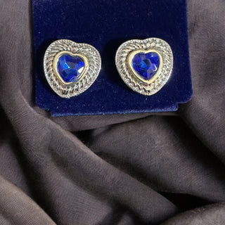 Royal blue heart, earrings, studs, silver, and gold tone