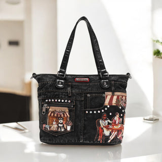 Denim purse with singing of friends hanging out tote handbag. Nicole Lee