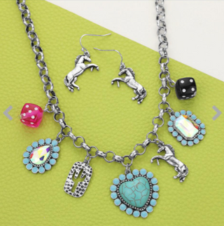 Western Charm Station Necklace – Turquoise Heart & Metal Cactus Accents