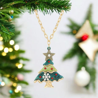 Large Pearl Stone Pointed Glittered Christmas Tree Pendant Long Necklace – Elegant Holiday Accessory